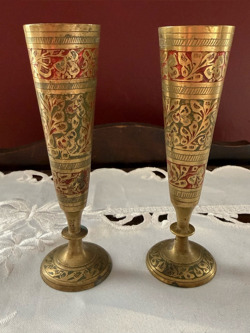 Vintage Solid Brass Red Green Etched Vases Made in India Pair